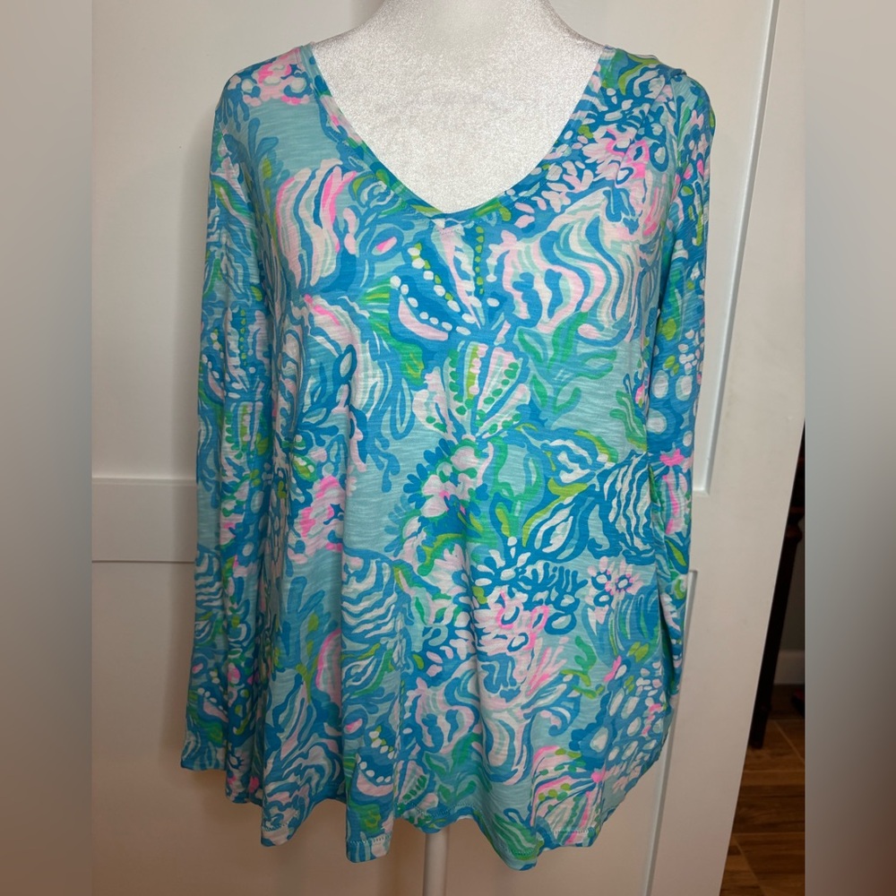 Lilly Pulitzer Etta Long Sleeve Top Blue Ibiza Aqua La Vista Size XS